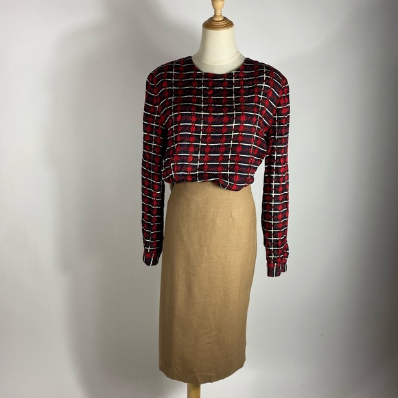VINTAGE Silk Plaid Talbots Long Sleeve Blouse Holiday Red Black Purple Womens 14 - Picture 4 of 8